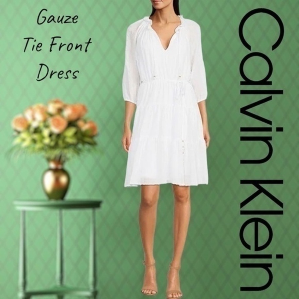 CALVIN KLEIN Split V-Neck 3/4 Sleeve Tiered Ruffle Hem Gauze Dress NWT/Lg